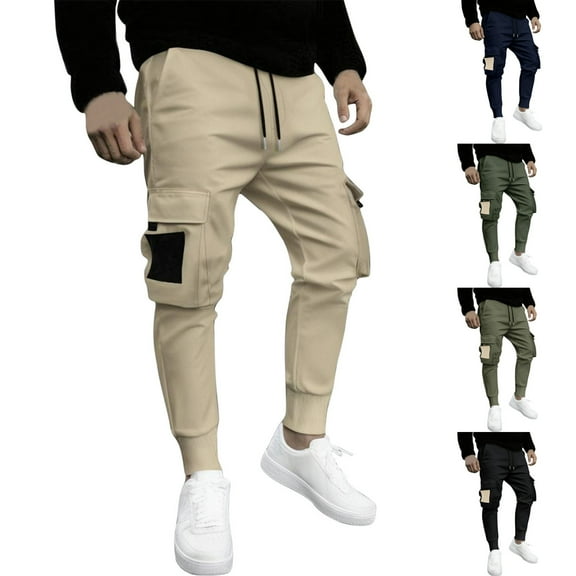 Stamzod Men's Pants Solid Color Elastic Waist Running Cargo Joggers Men Casual Athletic Sweatpants with Pockets Black-1 M