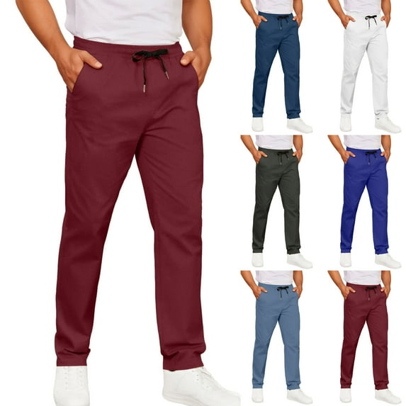 Stamzod Men's Pants Solid Color Elastic Waist Straight Work Pants with Pocket Casual Athletic Pants for Men White-1 XXXL