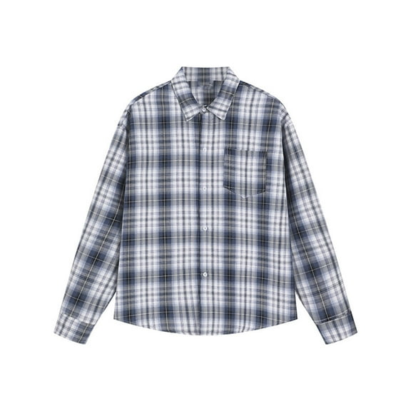 Stamzod Men's Plaid Oversized Shirt Casual Turndown Long Sleeve Button Down Shirt Men Fashion Clothing Navy-7 M