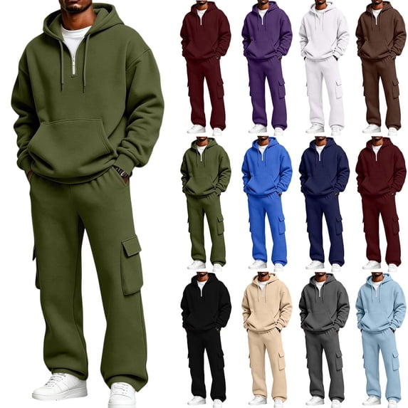 Stamzod Men's Quarter Zip Track Suit 2 Piece Long Sleeve Hoodies and Cargo Sweatpants Set Casual Fall Winter Sweatsuit with Pocket M