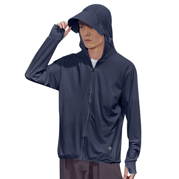 Stamzod Men's Rash Guard Jackets Summer Solid Color Long Sleeve Zip Up Outdoor Hiking Running Sun Hoodie Casual Loose Pus Size Sun Protection Shirts for Men Dark Blue XL