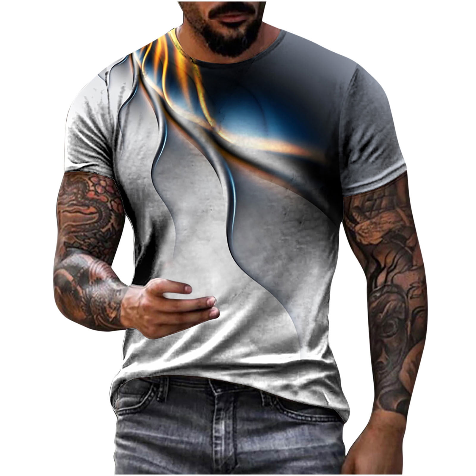 Stamzod Men's Retro 3D Printing T-Shirt Men's Casual Sports T-Shirt Short  Sleeve Summer New Quick Dry Tough Guy Top White XXXXXL 