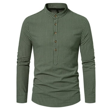 Stamzod Men's Shirt Casual Button Stripe Pullover Long Sleeve Stand Collar Tops Blouse