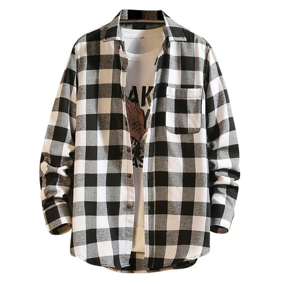 Stamzod Men's Shirts Fashion Plaid Printed Turndown Button Down Shirt Men Loungewear Casual Loose Long Sleeve Shirts for Men White XXXXL