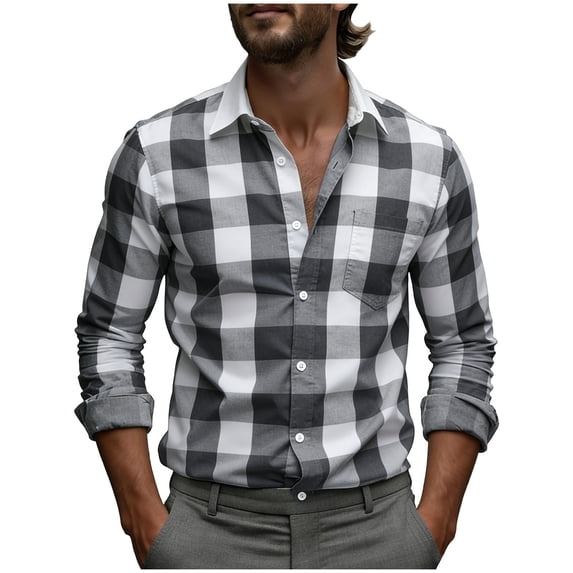 Stamzod Men's Shirts Turndown Long Sleeve Plaid Button Down Shirt Men Dressy Casual Work Shirt Plus Size Clothes Black Q XXL