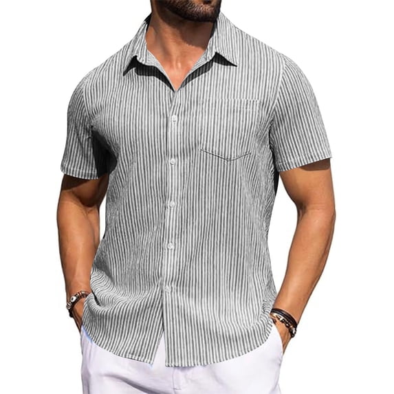 Stamzod Men's Short Sleeve Button-Up Striped Dress Shirt Casual Stylish Summer Beach Shirts Black-1 L