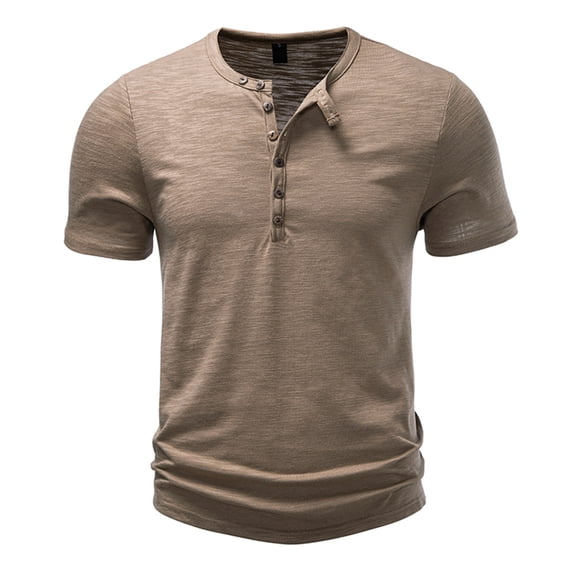 Stamzod Men's Short Sleeve Henley Shirts Cotton Button Casual T-Shirts 2026 Work Basic Tee Tops Khaki E L
