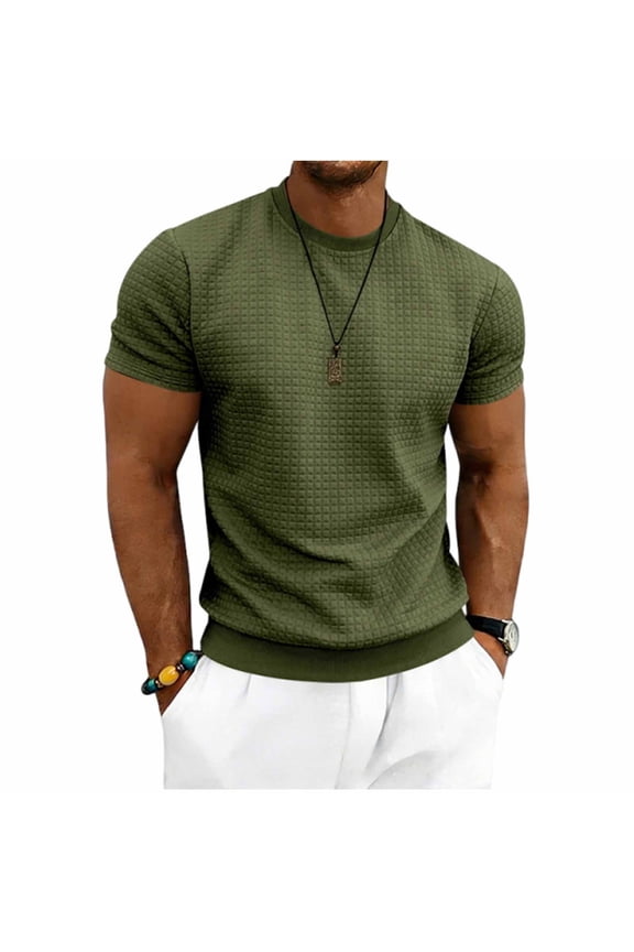 Men's Short Sleeve Shirts Solid Textured Crew Neck Tee Tops Work Casual T Shirts for Man Army Green L