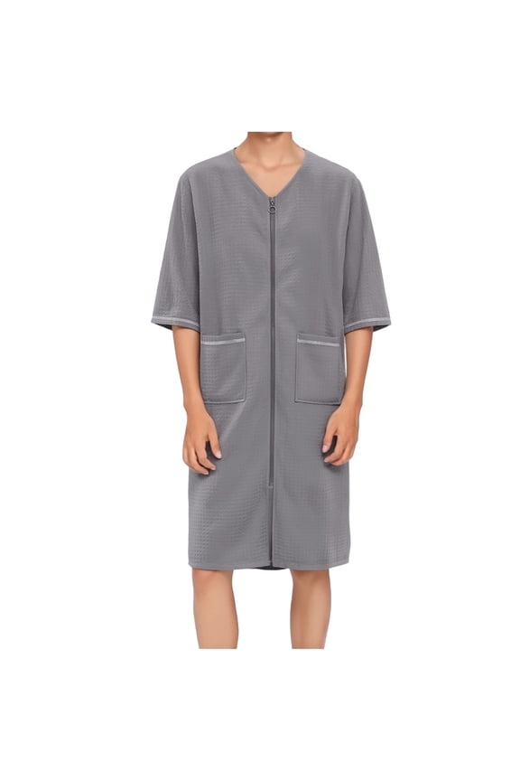 Men's Sleepwear Summer Solid Color V Neck Zip Up Nightgown with Pocket Loose Casaul Pajama Dress for Men Gray M