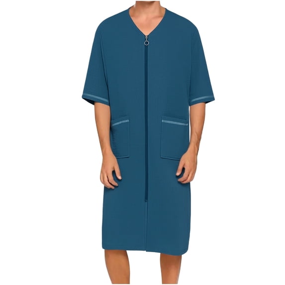 Stamzod Men's Sleepwear Summer Solid Color V Neck Zip Up Nightgown with Pocket Loose Casaul Pajama Dress for Men Green XL