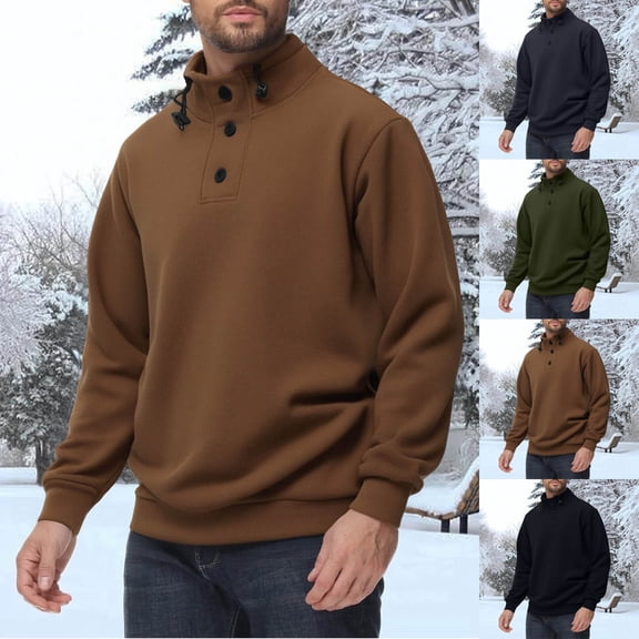 Stamzod Men's Stand Collar Sweatshirt with Button Winter Long Sleeve Warm Fleece Pullover Sweatshirts for Men Army Green L