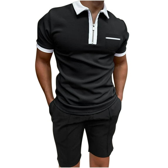 Stamzod Men's Suits Mens Short Sets 2 Piece Business Outfits Short Sleeve Zipper Shirts and Shorts Sets Classic Gym Workout Tracksuits