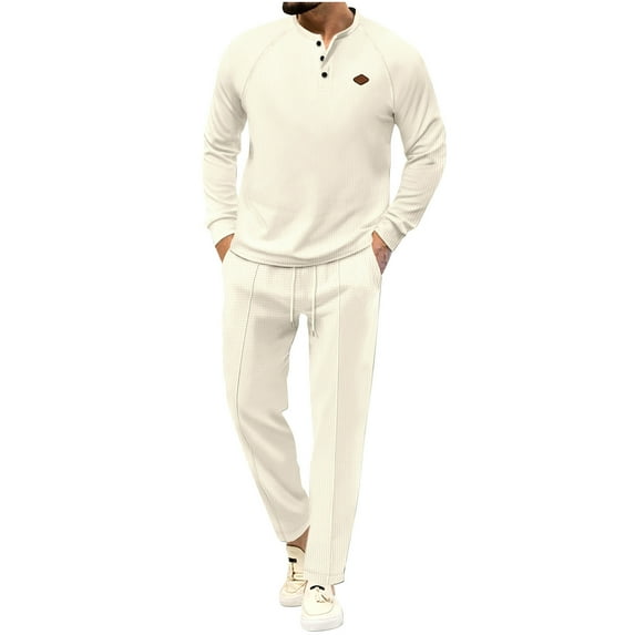 Stamzod Men's Suits Fashion Long Sleeve Button Down Shirts and Drawstring Waist Pants Men 2 Piece Lounge Outfits Plus Size Sweatsuits for Men