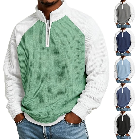 Stamzod Men's Sweatshirts Loose Casual Raglan Quarter Zip Pullover Men Sweatshirt Fall Winter Stand Collar Long Sleeve Waffle Shirt