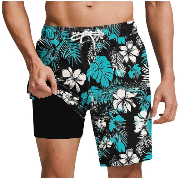 Stamzod Men's Swimwear Quick Dry Swim Trunks with Compression Liner Summer Beach Bathing Suit Blue O L