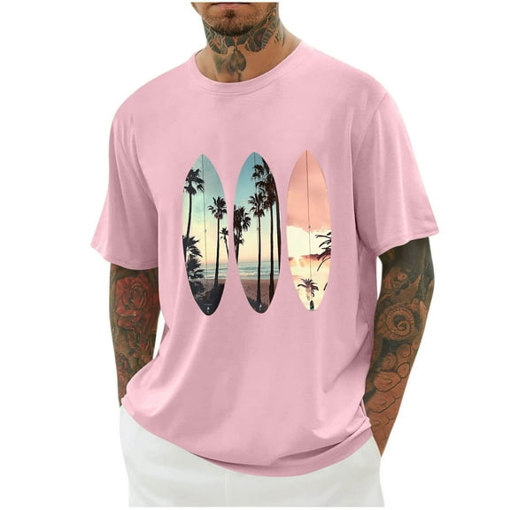 Stamzod Men's T-Shirts Fashion Hawaiian Printing Summer Round Neck Basic Tee Tops Short Sleeve Casual Loose Oversized Gym Shirts for Men Pink M