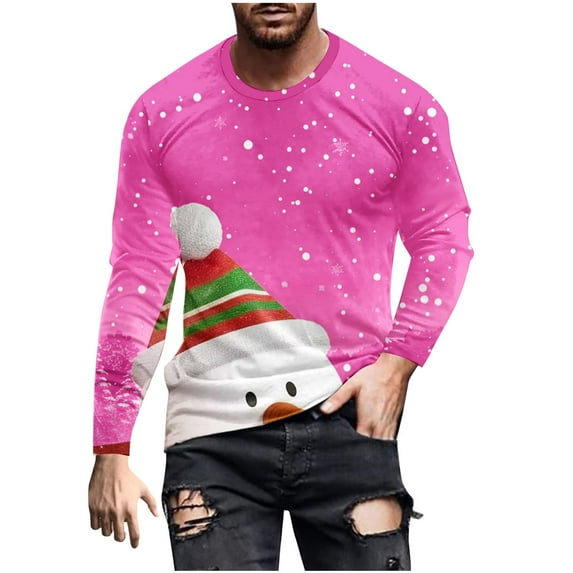 Stamzod Men's T-Shirts Xmas Long Sleeve Casual Pullover Tops Holiday Plus Size Fashion Christmas Shirts for Men Pink E XXXL