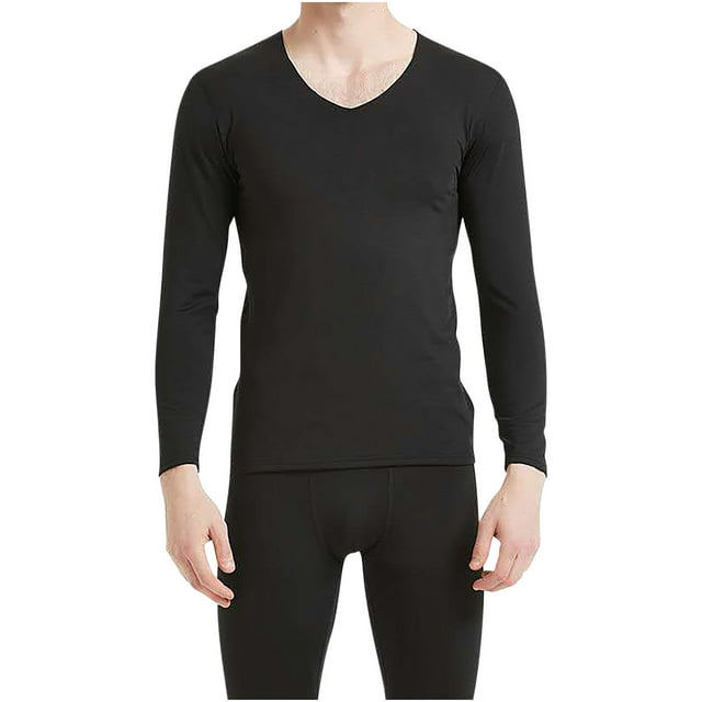 Stamzod Men's Thermal Underwear Set Long Sleeve Base Layer Fleece Lined V-Neck Tops And Bottoms Pajama Sets for Winter Plus Size on Clearance