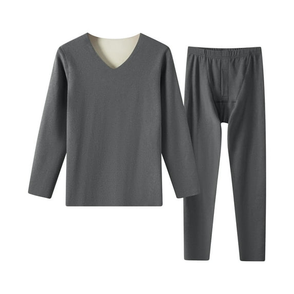 Stamzod Men's Thermal Underwear Sets V Neck Long Sleeve Top And Bottom Sets Fleece Lined Sweat Thermo Base Layer Winter 2 Piece Outfits