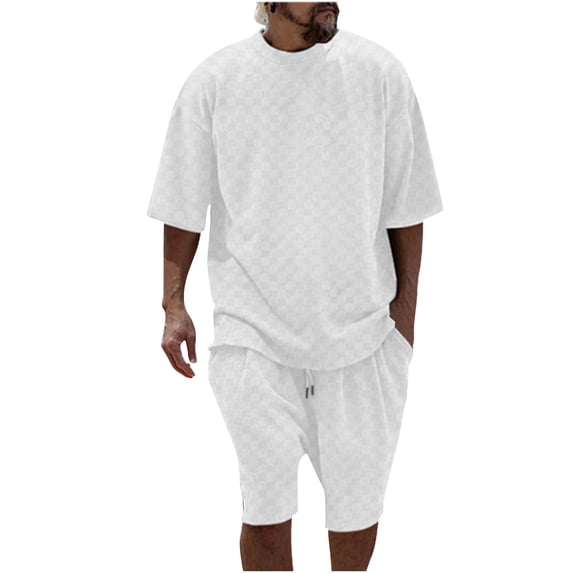Stamzod Men's Track Suits Oversize Fashion Plaid Print 2 Piece Summer Short Sets Outfit Casual Short Sleeve T Shirt and Shorts Set