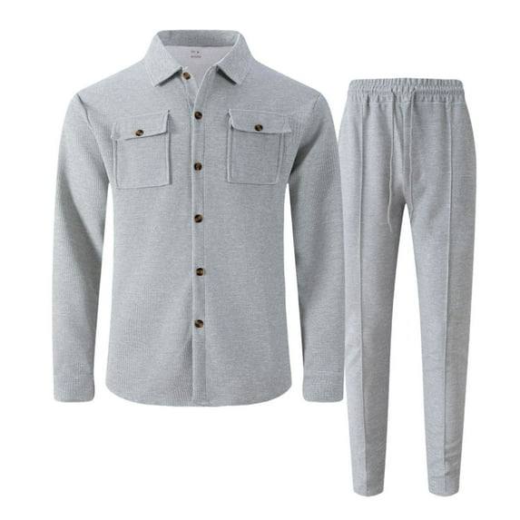 Stamzod Men's Tracksuits Fashion Solid Color Long Sleeve Button Down Shirt and Trousers 2 Piece Set for Men Gray M