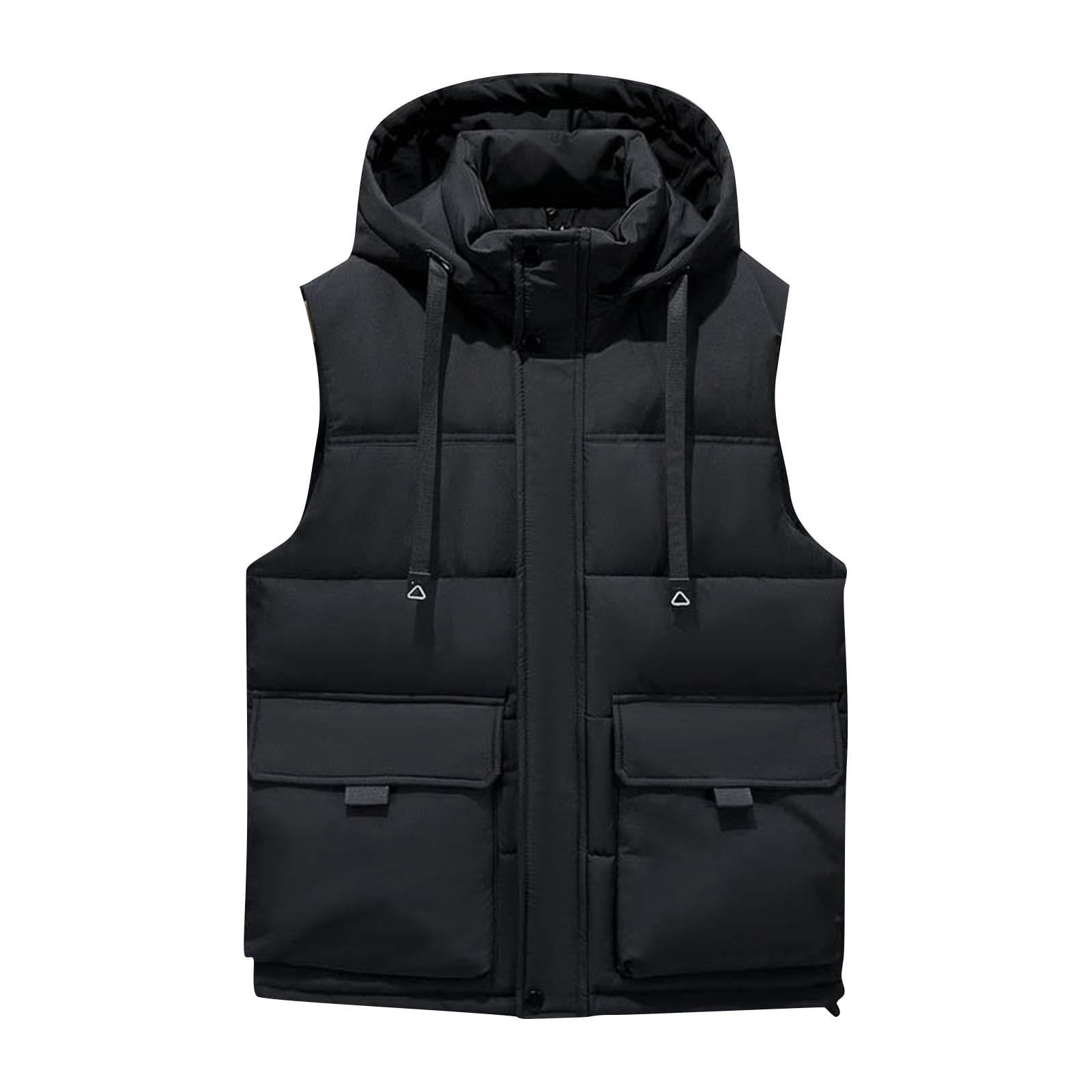 Stamzod Mens Black Vest with Hood Winter Solid Color Oversized