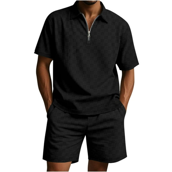 Stamzod Mens 2 Piece Outfits Summer Solid Color Short Sleeve Turndown Shirts Casual Shorts with Pocket Plus Size Outfits for Men Black S
