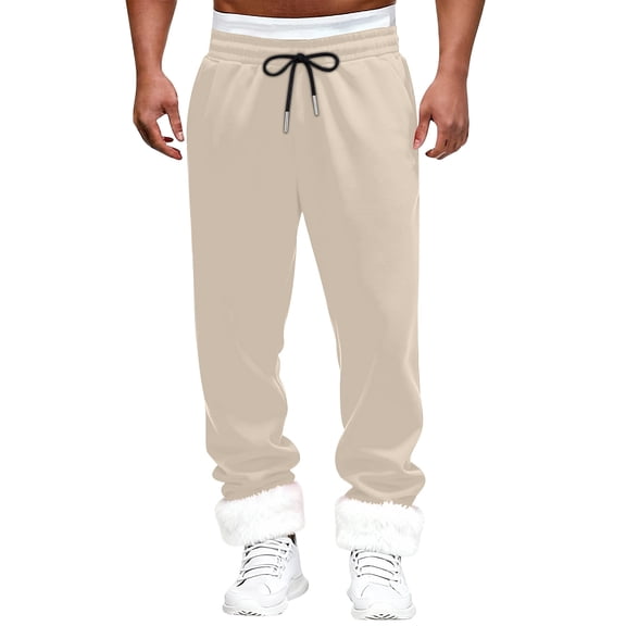 Stamzod Mens Baggy Sweatpants with White Furry Solid Color Straight Black Joggers Casual Gym Workout Pants for Men Beige M