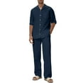 thumbnail image 1 of Stamzod Mens Beach Outfit 2 Piece Solid Color Long Sleeve Button Down Shirt and Pants Set Casual Vacation Tracksuit Navy XL, 1 of 7