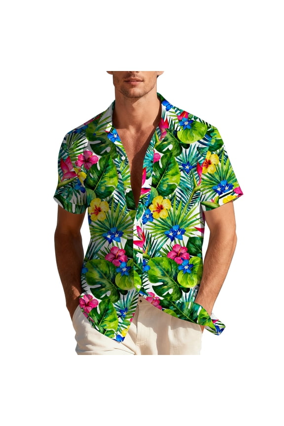 Mens Beach Shirts Summer Short Sleeve Green Hawaiian Shirt Men Button Down Floral Tropical Shirts Green D XXL