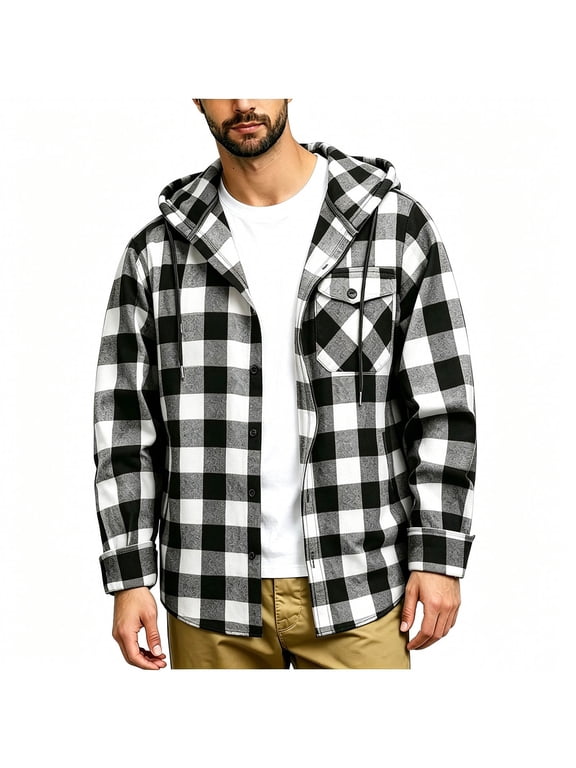 Mens Button Down Shirt Jackets Fashion Casual Plaid Flannel Shirt Long Sleeve Hoodies for Men Black B XL