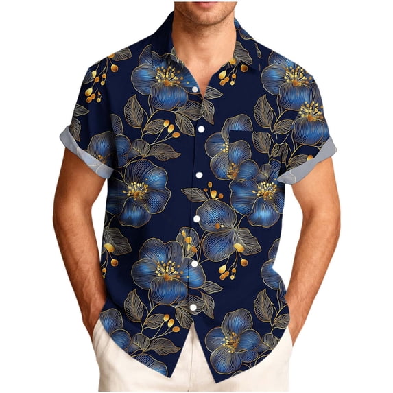 Stamzod Mens Button Down Shirt Short Sleeve Hawaiian Shirt Casual Summer Beach Shirts with Pocket Dark Blue S