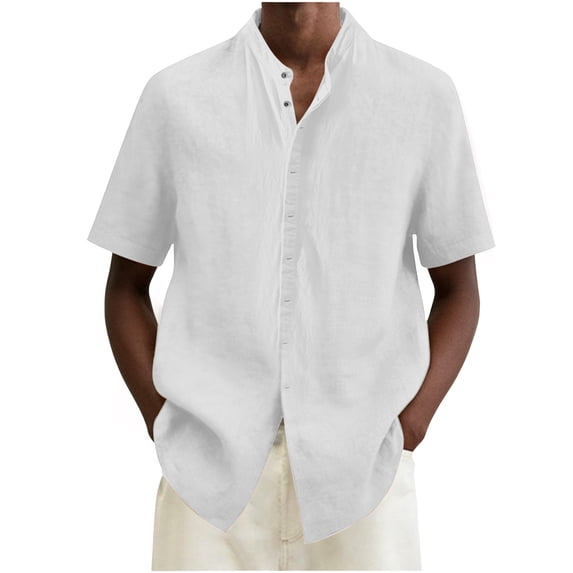 Stamzod Mens Button Down Short Sleeve Shirt Casual Cotton Linen Shirt Summer Wedding Beach Shirts White S