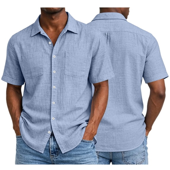 Stamzod Mens Button Down Short Sleeve Shirt Cotton Linen Summer Beach Shirts with Pocket Casual Vacation Tops Light Blue-2 L
