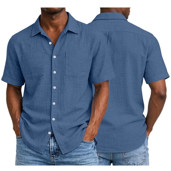 Stamzod Mens Button Down Short Sleeve Shirt Cotton Linen Summer Beach Shirts with Pocket Casual Vacation Tops Navy-2 L