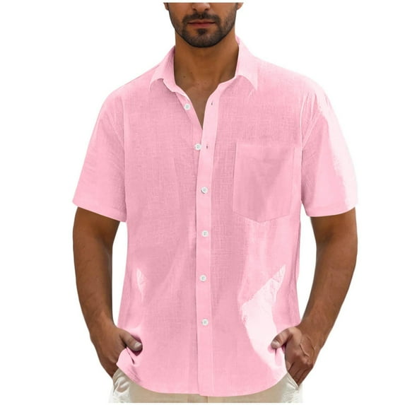 Stamzod Mens Button Down Shirts Summer Beach Casual Short Sleeve Button Down Shirts Plus Size Solid Color Tropical Vacation Shirts with Pocket Pink XXL