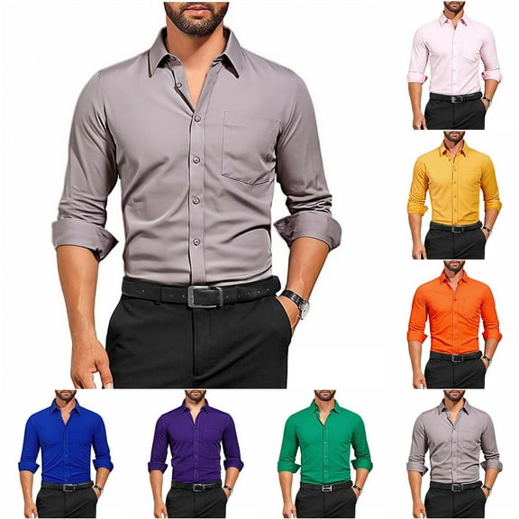 Stamzod Mens Button Up Shirts Long Sleeve Dress Shirt Solid Color Turndown Work Shirts Business Casual Shirts for Men Blue D L