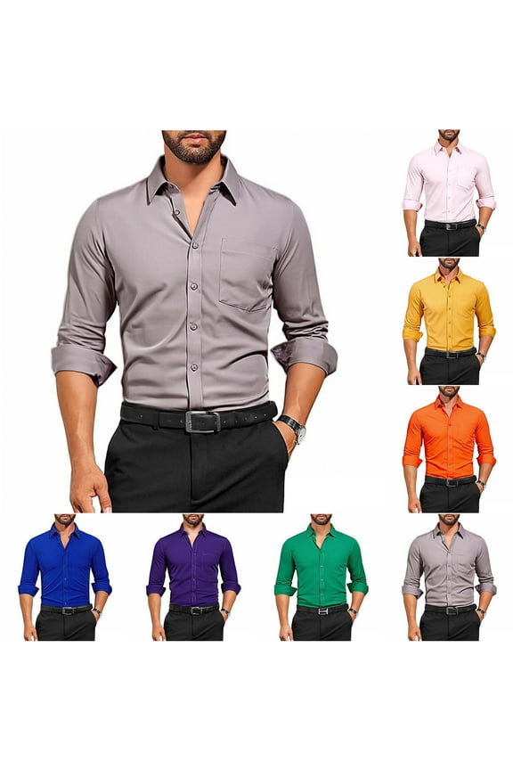Mens Button Up Shirts Long Sleeve Dress Shirt Solid Color Turndown Work Shirts Business Casual Shirts for Men Orange D XXXL