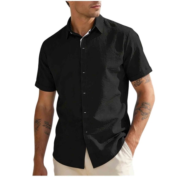 Stamzod Mens Button Up Shirts Short Sleeve Summer Turndown Casual Shirts Beach Vacation Hawaiian Shirt for Men Black-2 L