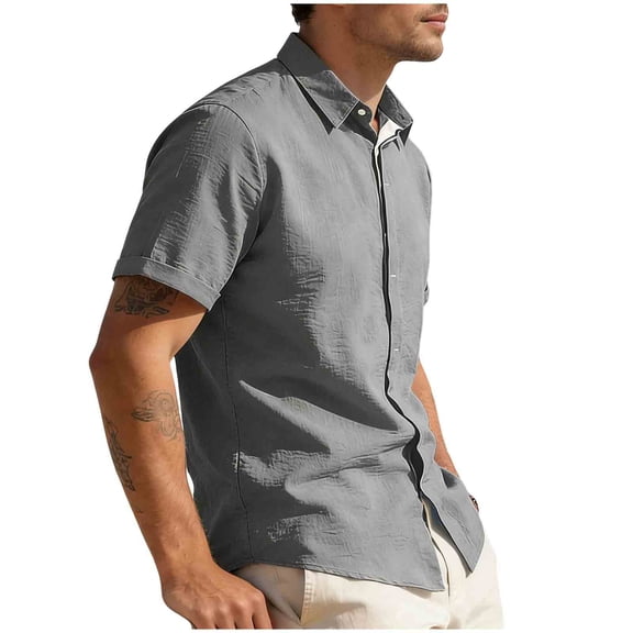 Stamzod Mens Button Up Shirts Short Sleeve Summer Turndown Casual Shirts Beach Vacation Hawaiian Shirt for Men Gray-2 L
