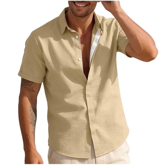 Stamzod Mens Button Up Shirts Short Sleeve Summer Turndown Casual Shirts Beach Vacation Hawaiian Shirt for Men Khaki-2 L