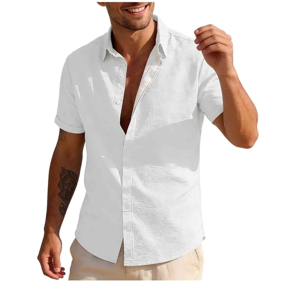 Stamzod Mens Button Up Shirts Short Sleeve Summer Turndown Casual Shirts Beach Vacation Hawaiian Shirt for Men White-2 L