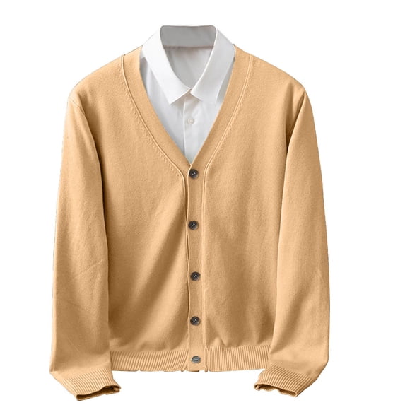 Stamzod Mens Cardigan with Button Solid Color V Neck Long Sleeve Cardigans Casual Work Cardigan Sweaters for Men Khaki B M