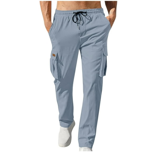 Stamzod Mens Cargo Pants Multi Pockets Solid Casual Hiking Pants Drawstring Waist Joggers Trousers Cotton Baggy Straight Sweatpants for Men