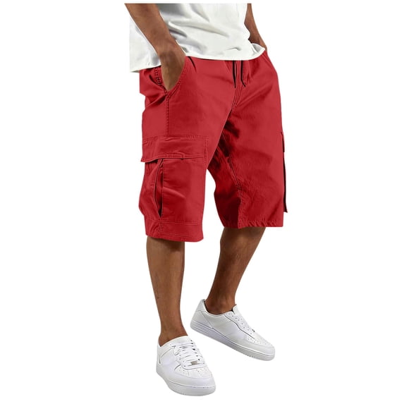 Stamzod Mens Cargo Shorts Casual Below Knee Length Summer Outdoor Work Shorts with Multi Pockets Red M