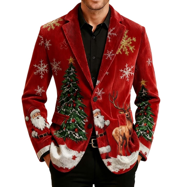 holiday dress jackets Stamzod Mens Casual Blazer Long Sleeve Christmas Tree Sport Coat with Pocket Party Oversized Corduroy Jacket Men Clothing Red-3 L group-DHD7921