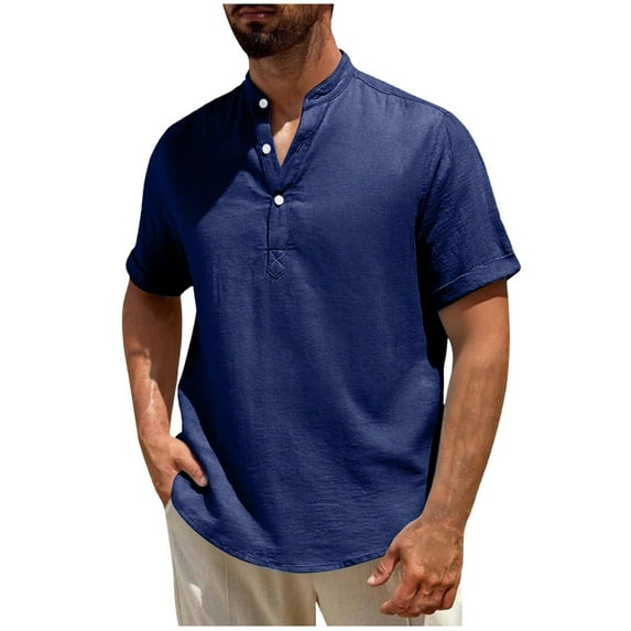 Stamzod Mens Casual Shirts Short Sleeve Stand Collar Summer Tops Plus Size Fashion Beach Shirt Mens Vacation Outfits Blue M