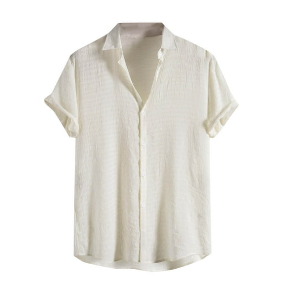 Stamzod Mens Clothes Fashion Solid Color Summer Turndown Short Sleeve Shirt Daily Casual Loose Button Down Shirts for Men Beige M