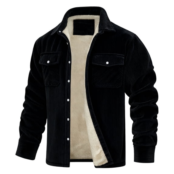Stamzod Mens Corduroy Jacket with Pocket Long Sleeve Fleece Lined Oversized Jackets Casual Thicked Warm Winter Coats for Men Black S