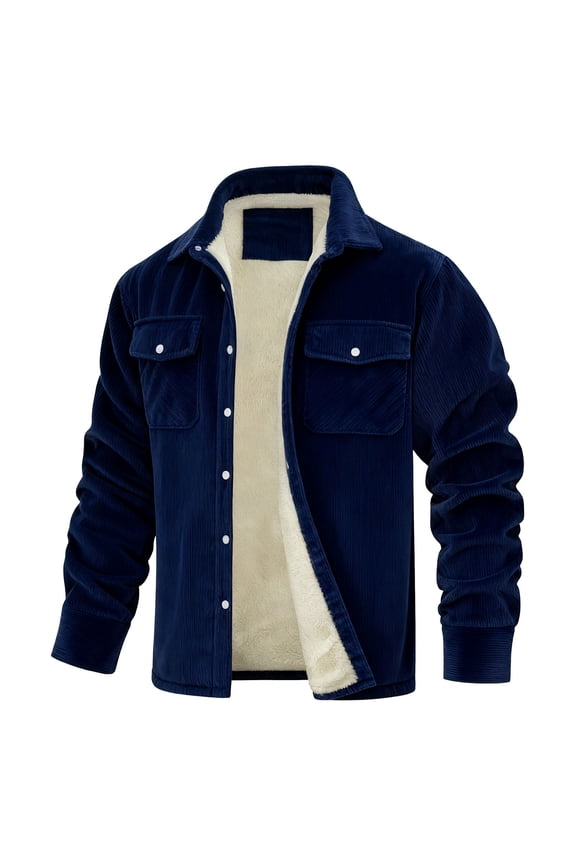 Mens Corduroy Jacket with Pocket Long Sleeve Fleece Lined Oversized Jackets Casual Thicked Warm Winter Coats for Men Navy XXXXXL